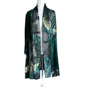 Chico’s Sz 1 Open Front Cardigan Green Velvet Sheer Mixed Fabric Peacock Print